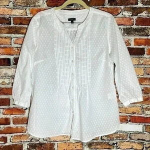 Talbots White Button Up Dotted Swiss Pleated Light Weight Shirt Top SIze MP EUC